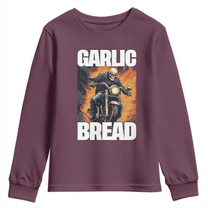 Skeleton Meme Youth Sweatshirt Garlic Bread Flaming Biker On Fire Funny Edgy Hard Cringe TS02 Maroon Print Your Wear