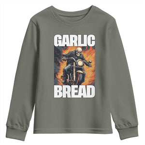 Skeleton Meme Youth Sweatshirt Garlic Bread Flaming Biker On Fire Funny Edgy Hard Cringe TS02 Military Green Print Your Wear