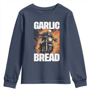 Skeleton Meme Youth Sweatshirt Garlic Bread Flaming Biker On Fire Funny Edgy Hard Cringe TS02 Navy Print Your Wear