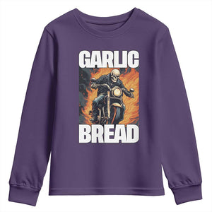 Skeleton Meme Youth Sweatshirt Garlic Bread Flaming Biker On Fire Funny Edgy Hard Cringe TS02 Purple Print Your Wear