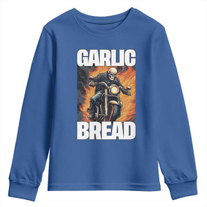 Skeleton Meme Youth Sweatshirt Garlic Bread Flaming Biker On Fire Funny Edgy Hard Cringe TS02 Royal Blue Print Your Wear