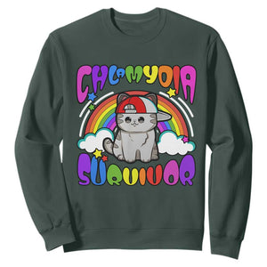 Chlamydia Survivor Cat Meme Sweatshirt Funny Y2K Inappropriate Humor TS02 Dark Forest Green Print Your Wear