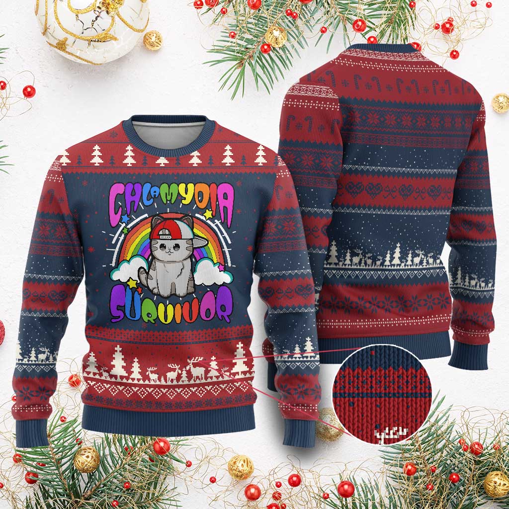 Chlamydia Survivor Cat Meme Ugly Christmas Sweater Funny Y2K Inappropriate Humor TS02 Burgundy Print Your Wear