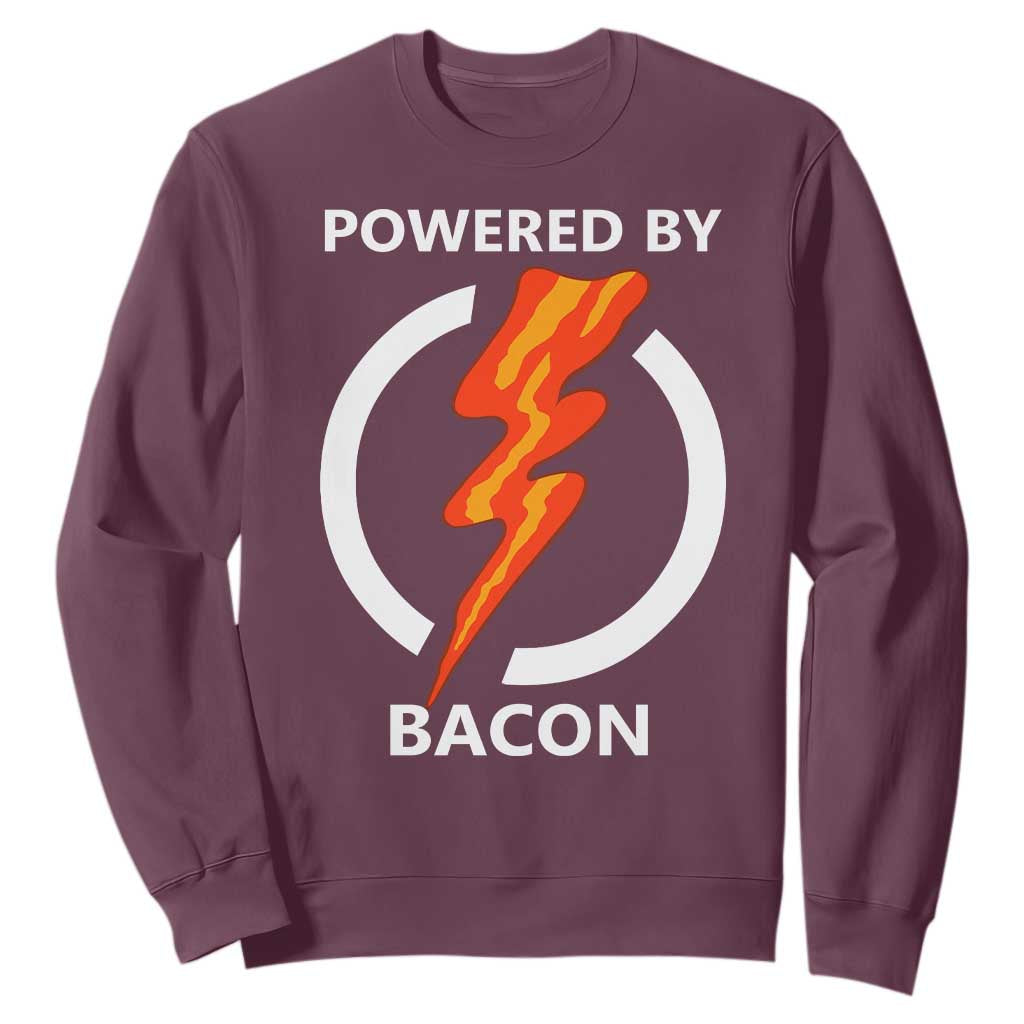 Funny Bacon Lover Sweatshirt Powered By Bacon Cured Pork Master TS02 Maroon Print Your Wear