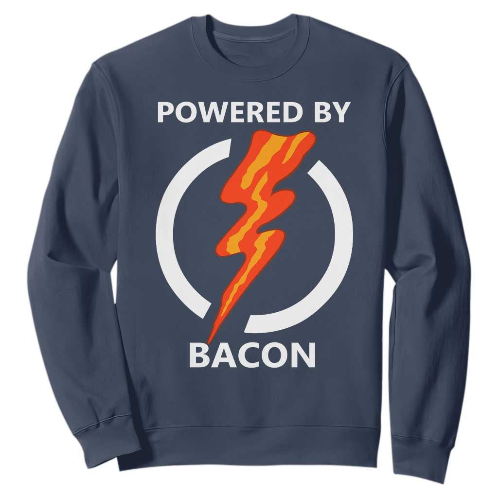 Funny Bacon Lover Sweatshirt Powered By Bacon Cured Pork Master TS02 Navy Print Your Wear