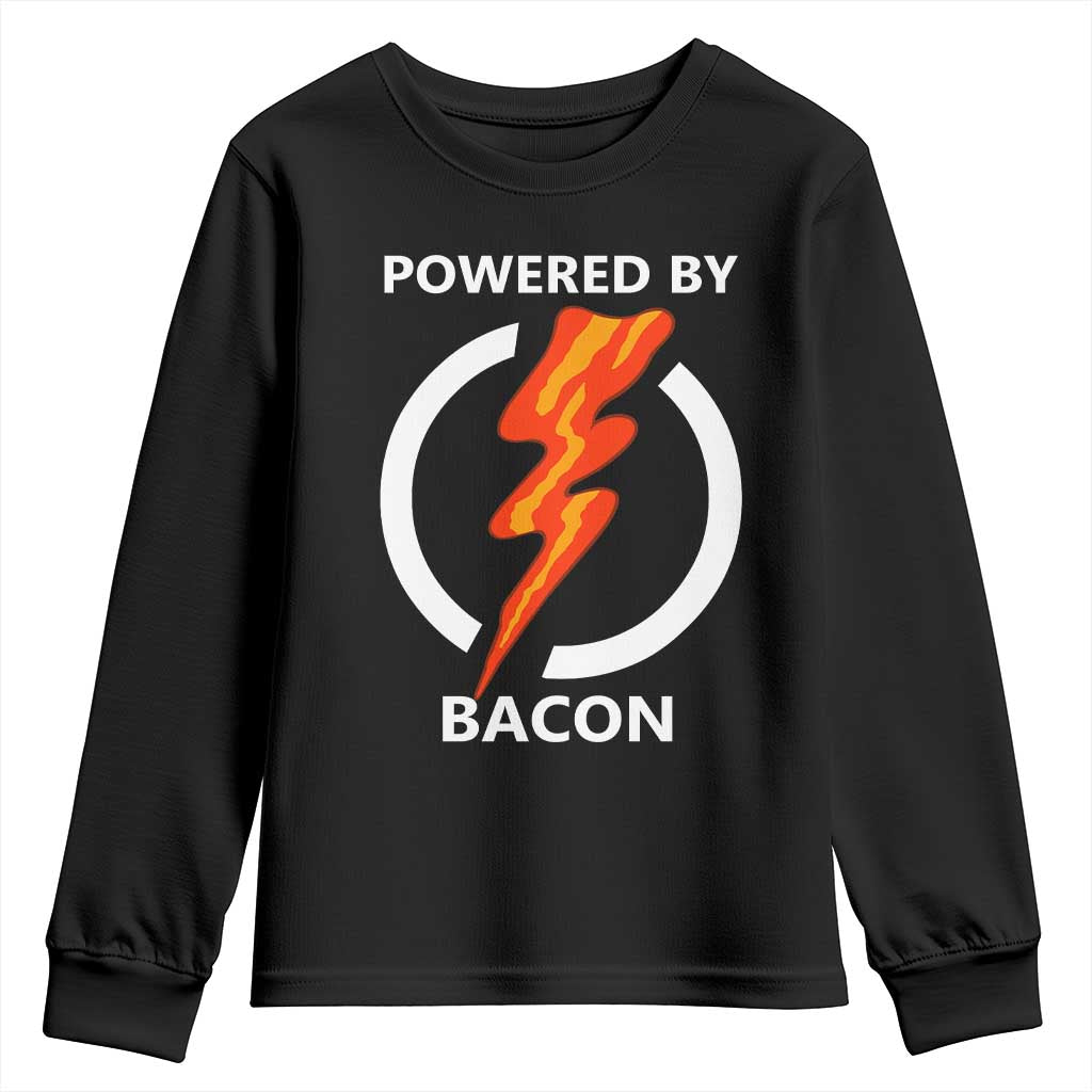 Funny Bacon Lover Youth Sweatshirt Powered By Bacon Cured Pork Master TS02 Black Print Your Wear