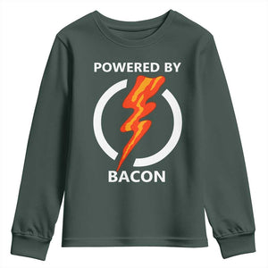 Funny Bacon Lover Youth Sweatshirt Powered By Bacon Cured Pork Master TS02 Dark Forest Green Print Your Wear