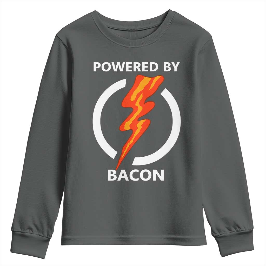 Funny Bacon Lover Youth Sweatshirt Powered By Bacon Cured Pork Master TS02 Dark Heather Print Your Wear