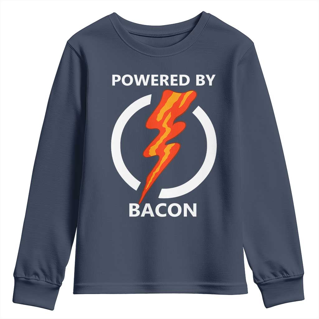 Funny Bacon Lover Youth Sweatshirt Powered By Bacon Cured Pork Master TS02 Navy Print Your Wear