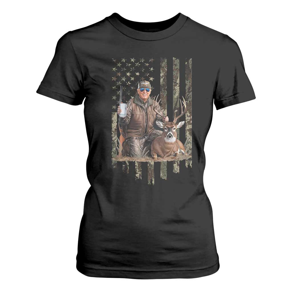 Trump Camo Deer Hunting T Shirt For Women Hunter Beer Drinking Camouflage USA Flag Retro Vintage TS02 Black Print Your Wear