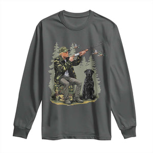 Trump Duck Hunting Long Sleeve Shirt Camo Hunter With Black Labrador Retriever Hunting Season TS02 Dark Heather Print Your Wear