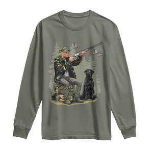 Trump Duck Hunting Long Sleeve Shirt Camo Hunter With Black Labrador Retriever Hunting Season TS02 Military Green Print Your Wear