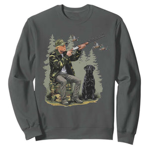 Trump Duck Hunting Sweatshirt Camo Hunter With Black Labrador Retriever Hunting Season TS02 Dark Heather Print Your Wear