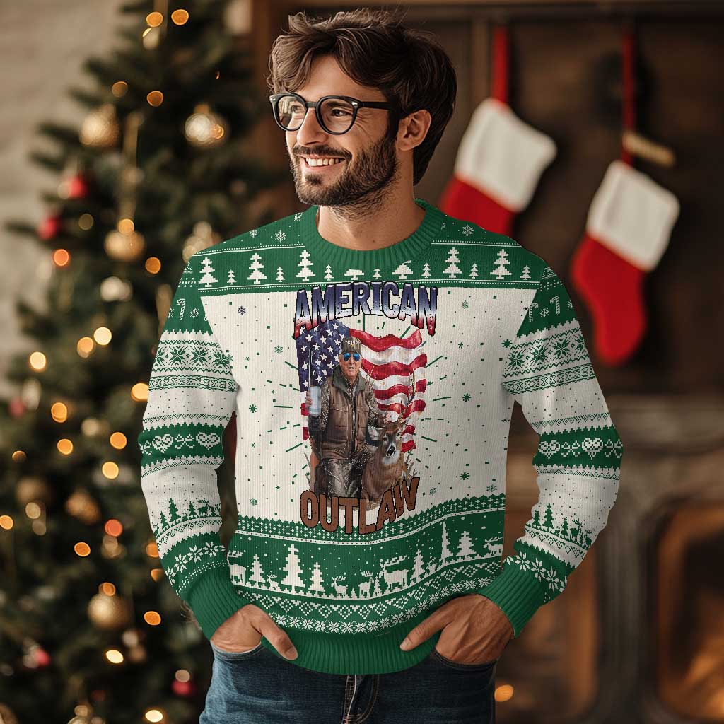 Trump Deer Hunting Knit Sweatshirt Retro Hunter Beer Drinking American Flag TS02 Green Print Your Wear