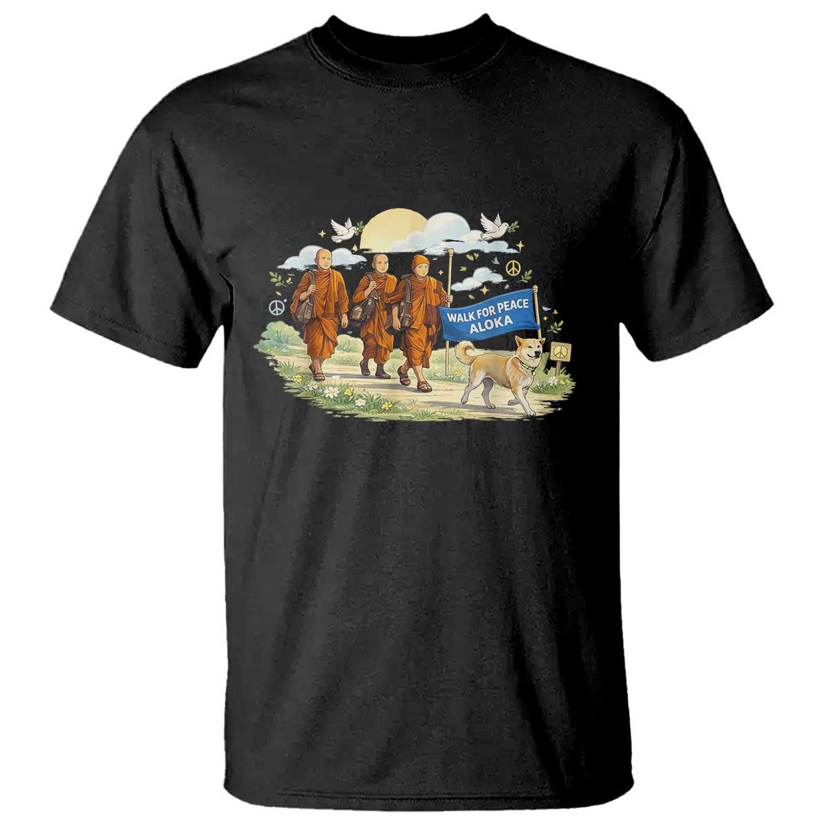 Walk for Peace Monks with Aloka the Dog T Shirt Spiritual Pilgrimage Buddhist Inspired TS02 Black Print Your Wear
