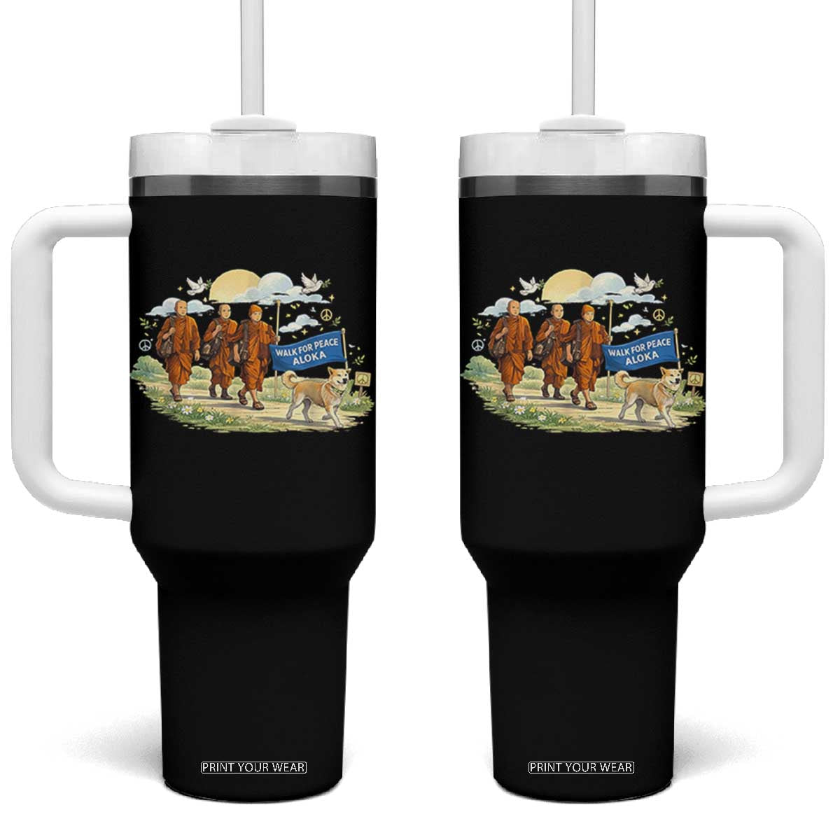 Walk for Peace Monks with Aloka the Dog Tumbler With Handle Spiritual Pilgrimage Buddhist Inspired TS02 One Size: 40 oz Black Print Your Wear