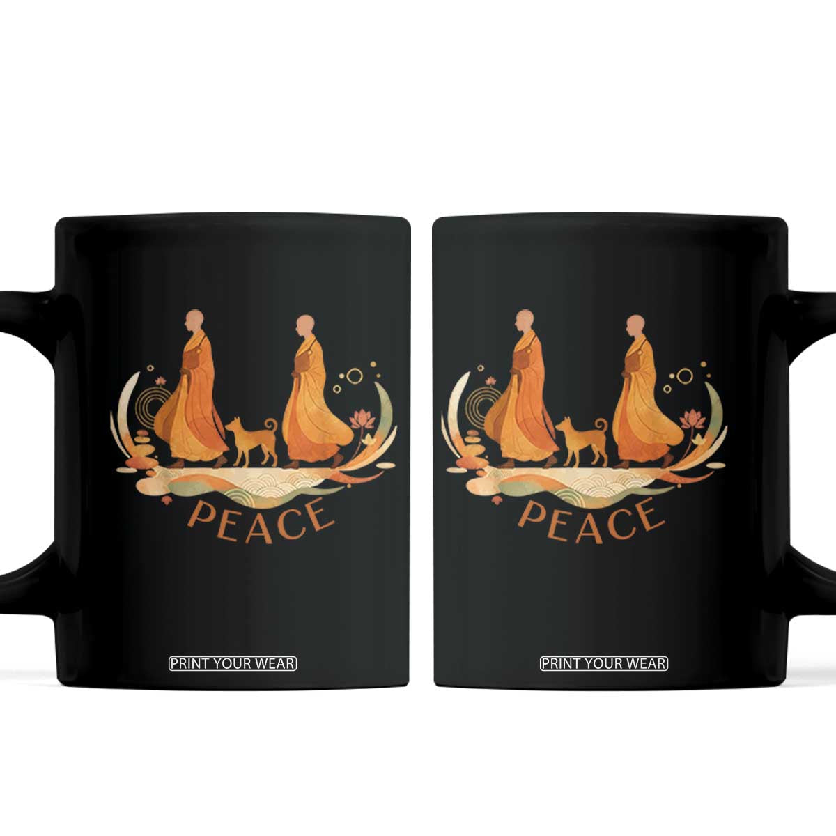 Peaceful Monks Walk with Aloka the Dog Coffee Mug Zen Art Buddhism Harmony TS02 Black Print Your Wear