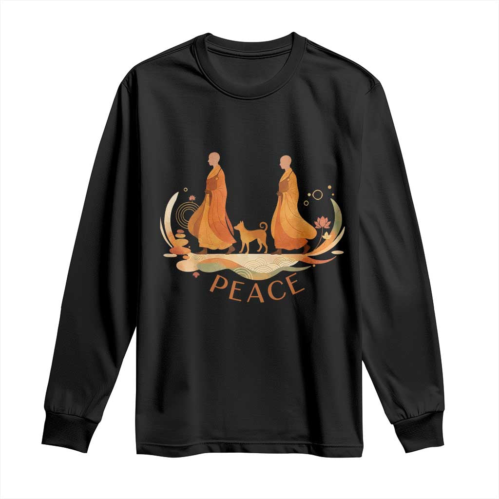 Peaceful Monks Walk with Aloka the Dog Long Sleeve Shirt Zen Art Buddhism Harmony TS02 Black Print Your Wear