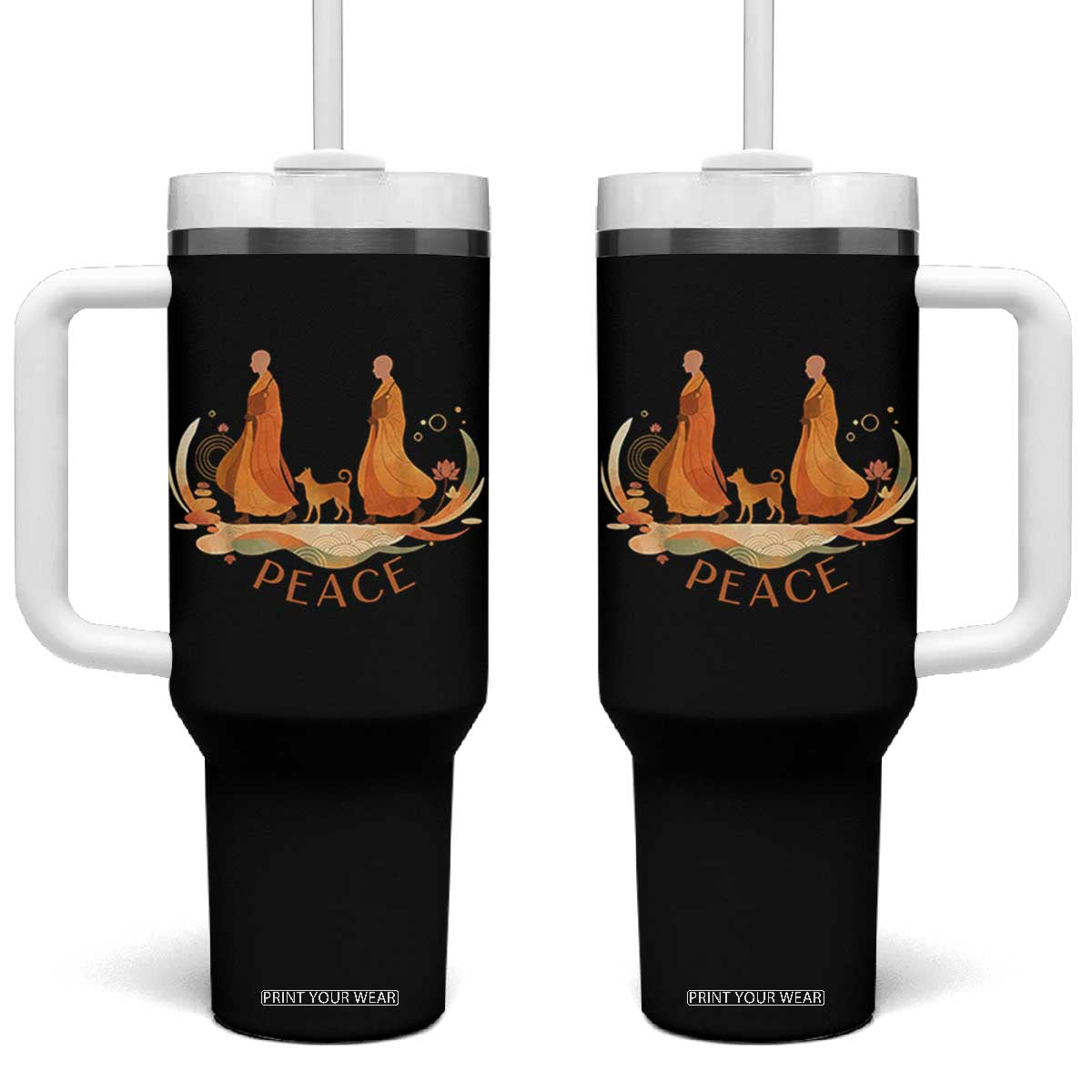 Peaceful Monks Walk with Aloka the Dog Tumbler With Handle Zen Art Buddhism Harmony TS02 One Size: 40 oz Black Print Your Wear