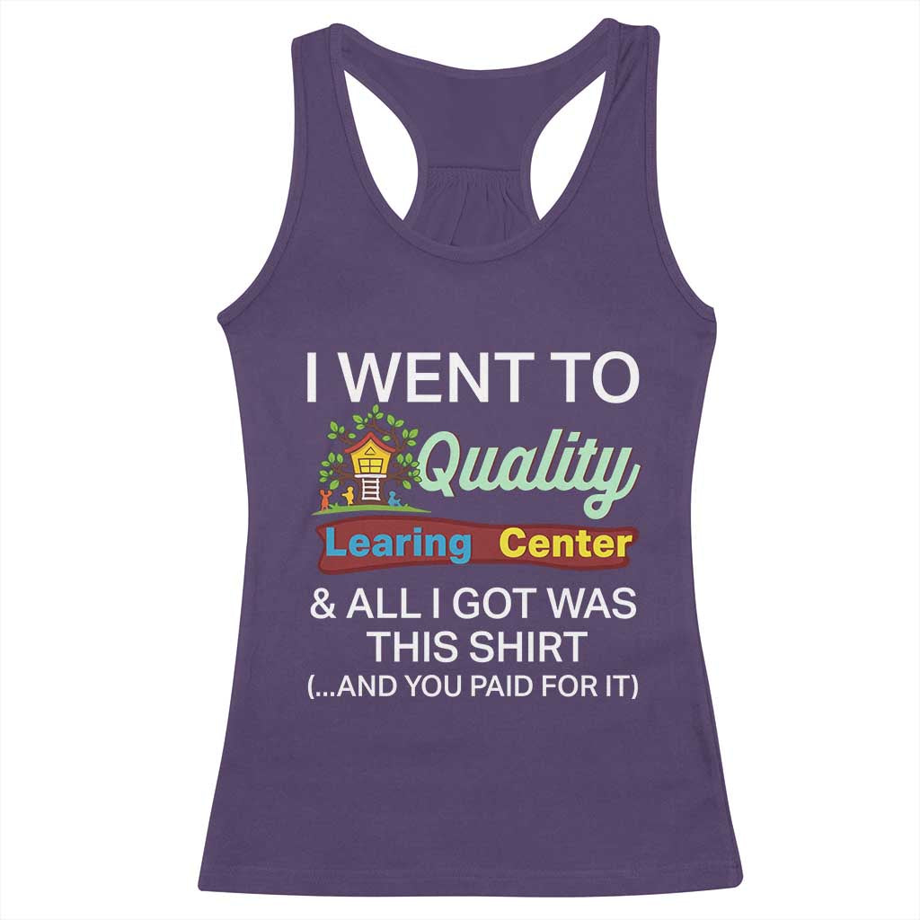 I Went to Minnesota Learing Center Meme Racerback Tank Top Funny Sarcastic Viral Education Fail TS02 Purple Print Your Wear