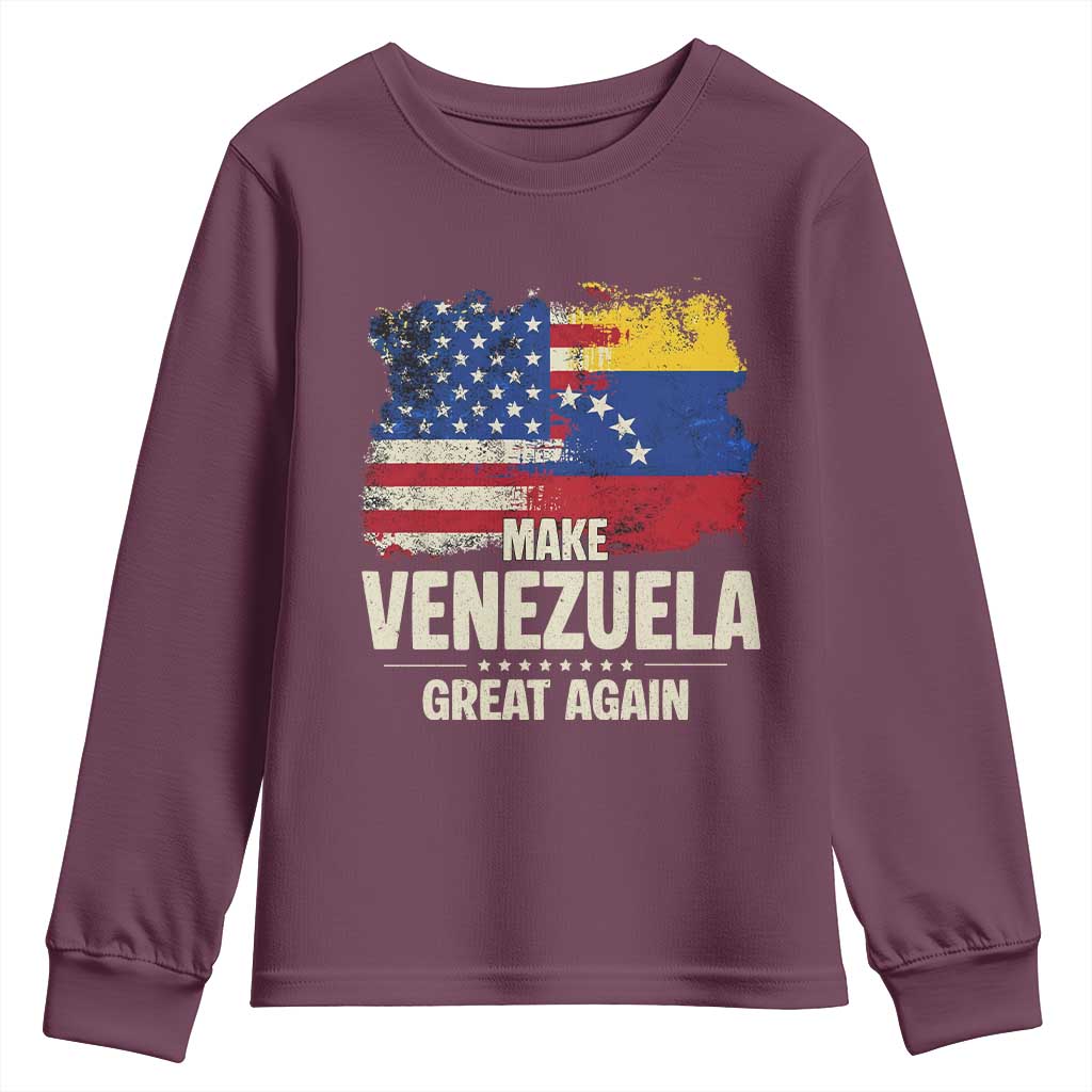 Make Venezuela Great Again Youth Sweatshirt Distressed US and Venezuela Flag Unity TS02 Maroon Print Your Wear