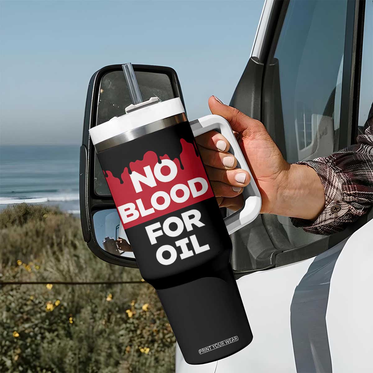 No Blood for Oil Tumbler With Handle Anti-War Resource Exploitation TS02 Print Your Wear