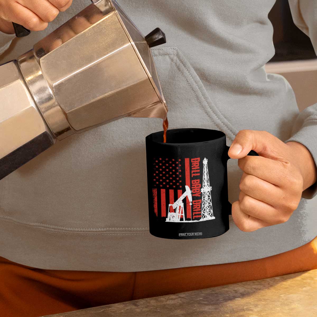 Drill Baby Drill American Flag Coffee Mug Distressed Oil Rig Oildfield Energy Industry TS02 Print Your Wear