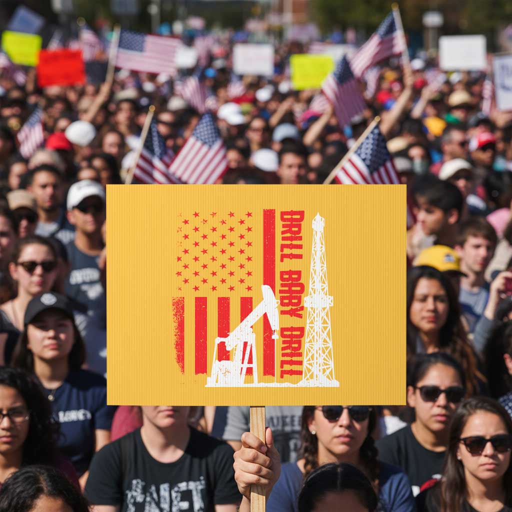 Drill Baby Drill American Flag Protest Sign Distressed Oil Rig Oildfield Energy Industry TS02 Horizontal 18