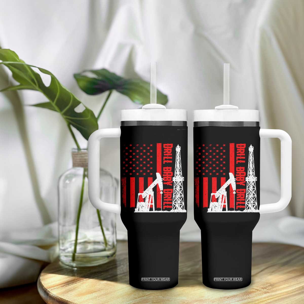 Drill Baby Drill American Flag Tumbler With Handle Distressed Oil Rig Oildfield Energy Industry TS02 Print Your Wear