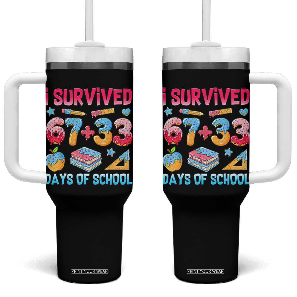 I Survived 67 Plus 33 100 Days of School Tumbler With Handle Six Seven Meme Colorful Math Humor TS02 One Size: 40 oz Black Print Your Wear