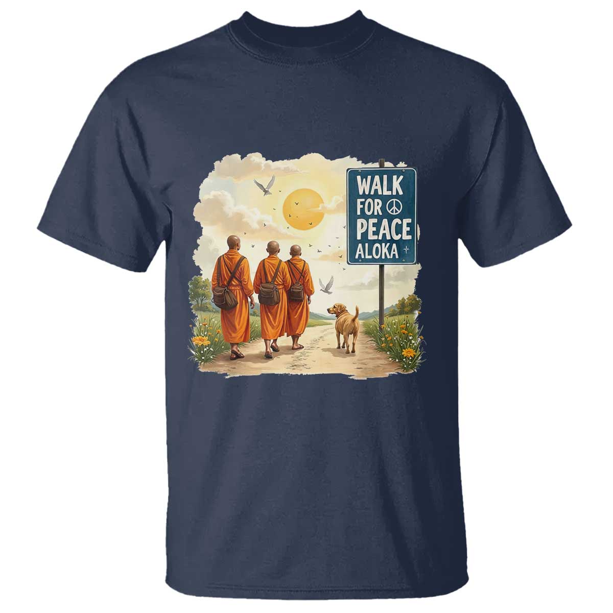 Walk For Peace Aloka the Dog and Monks T Shirt - Mindfulness Spiritual Peace Graphic Tee TS02 Navy Print Your Wear