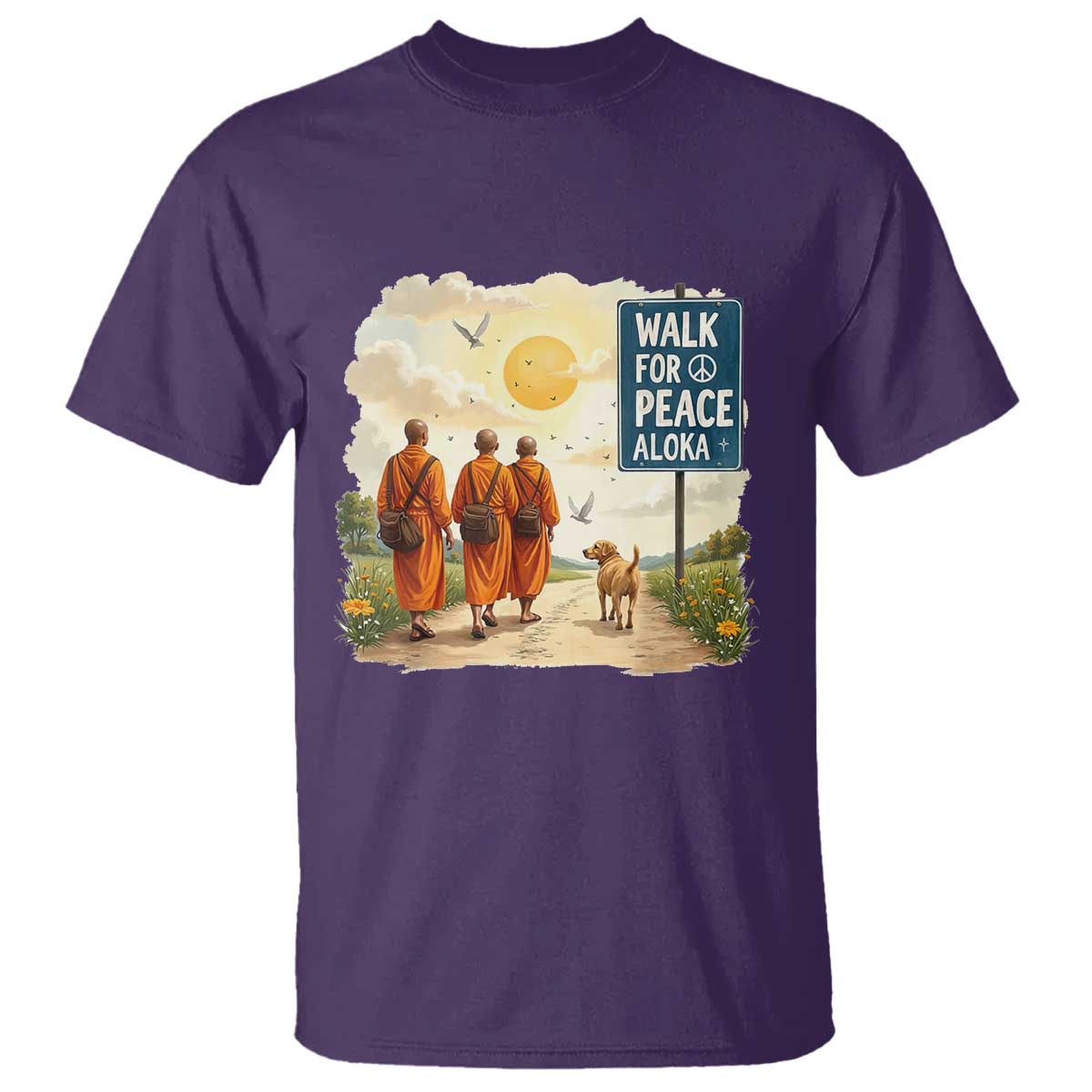 Walk For Peace Aloka the Dog and Monks T Shirt - Mindfulness Spiritual Peace Graphic Tee TS02 Purple Print Your Wear