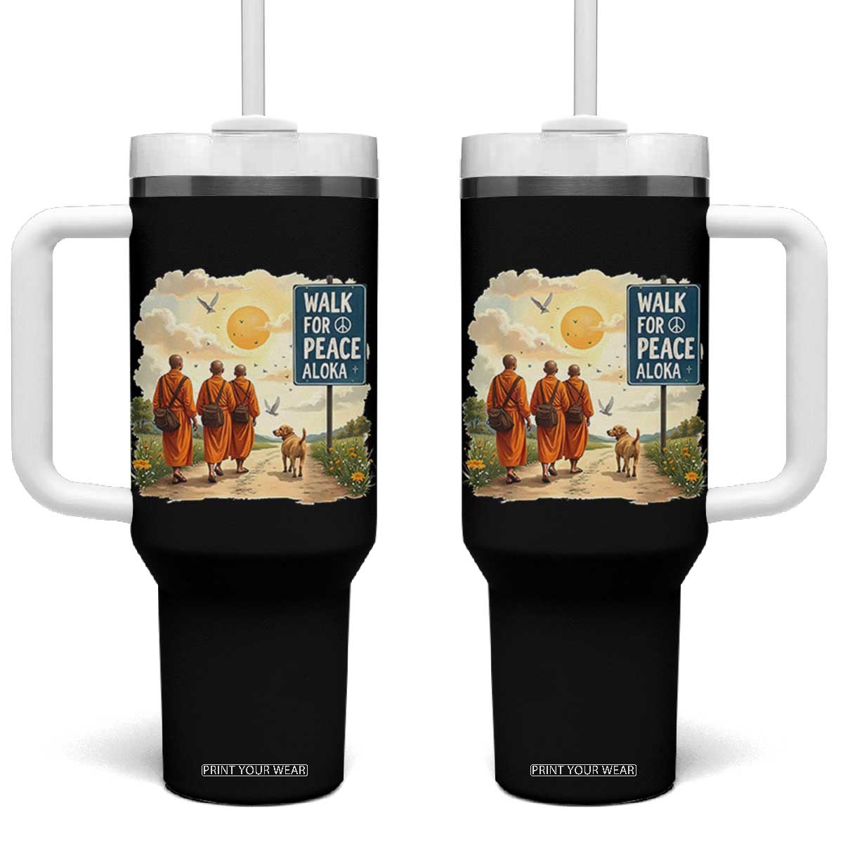 Walk For Peace Aloka the Dog and Monks Tumbler With Handle TS02 One Size: 40 oz Black Print Your Wear