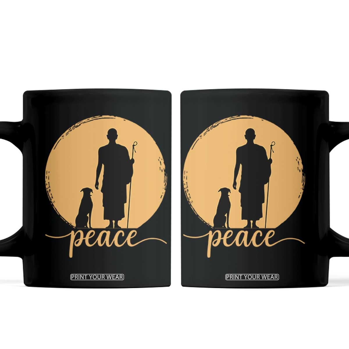 Monk and Dog Silhouette Peace Coffee Mug Spiritual Walk for Peace Sunset TS02 Black Print Your Wear