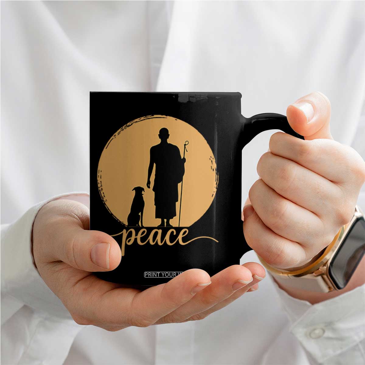 Monk and Dog Silhouette Peace Coffee Mug Spiritual Walk for Peace Sunset TS02 Print Your Wear