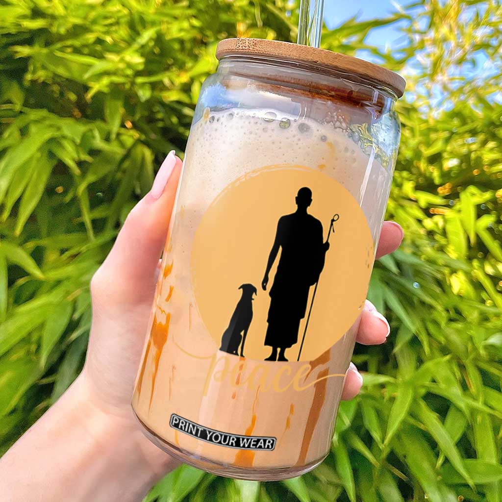 Monk and Dog Silhouette Peace Glass Can Spiritual Walk for Peace Sunset TS02 Black Print Your Wear