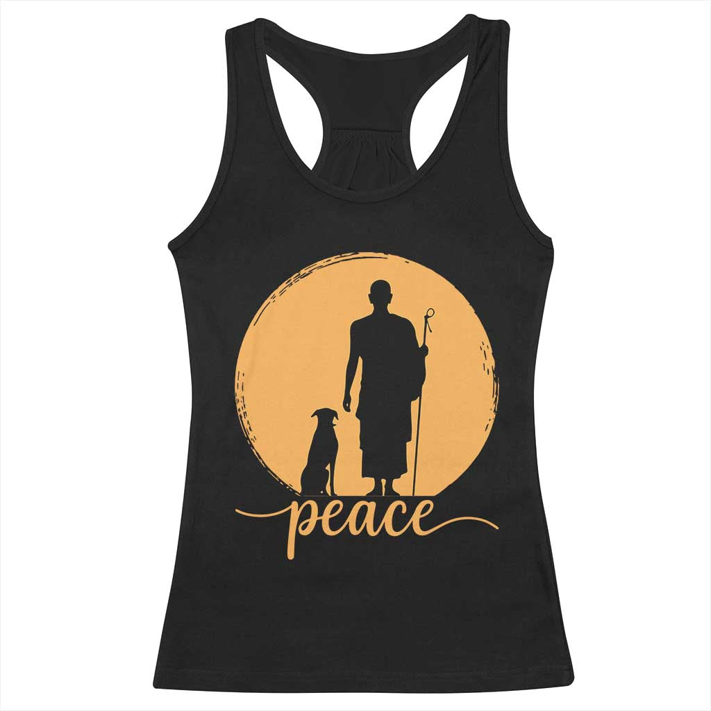 Monk and Dog Silhouette Peace Racerback Tank Top Spiritual Walk for Peace Sunset TS02 Black Print Your Wear