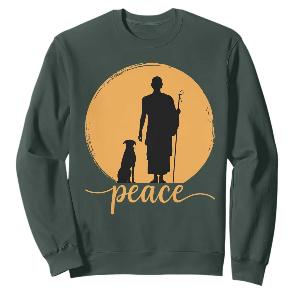 Monk and Dog Silhouette Peace Sweatshirt Spiritual Walk for Peace Sunset TS02 Dark Forest Green Print Your Wear