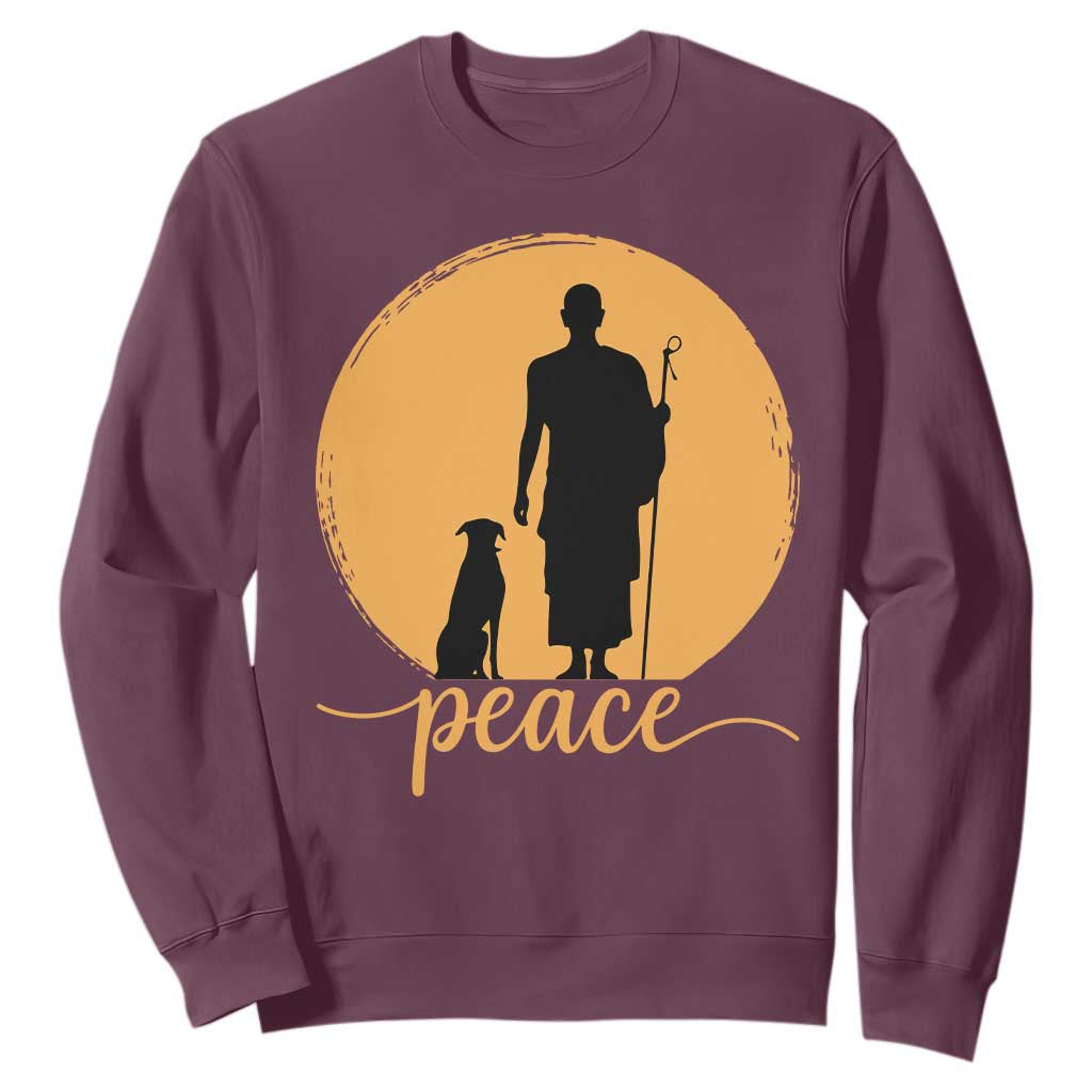 Monk and Dog Silhouette Peace Sweatshirt Spiritual Walk for Peace Sunset TS02 Maroon Print Your Wear