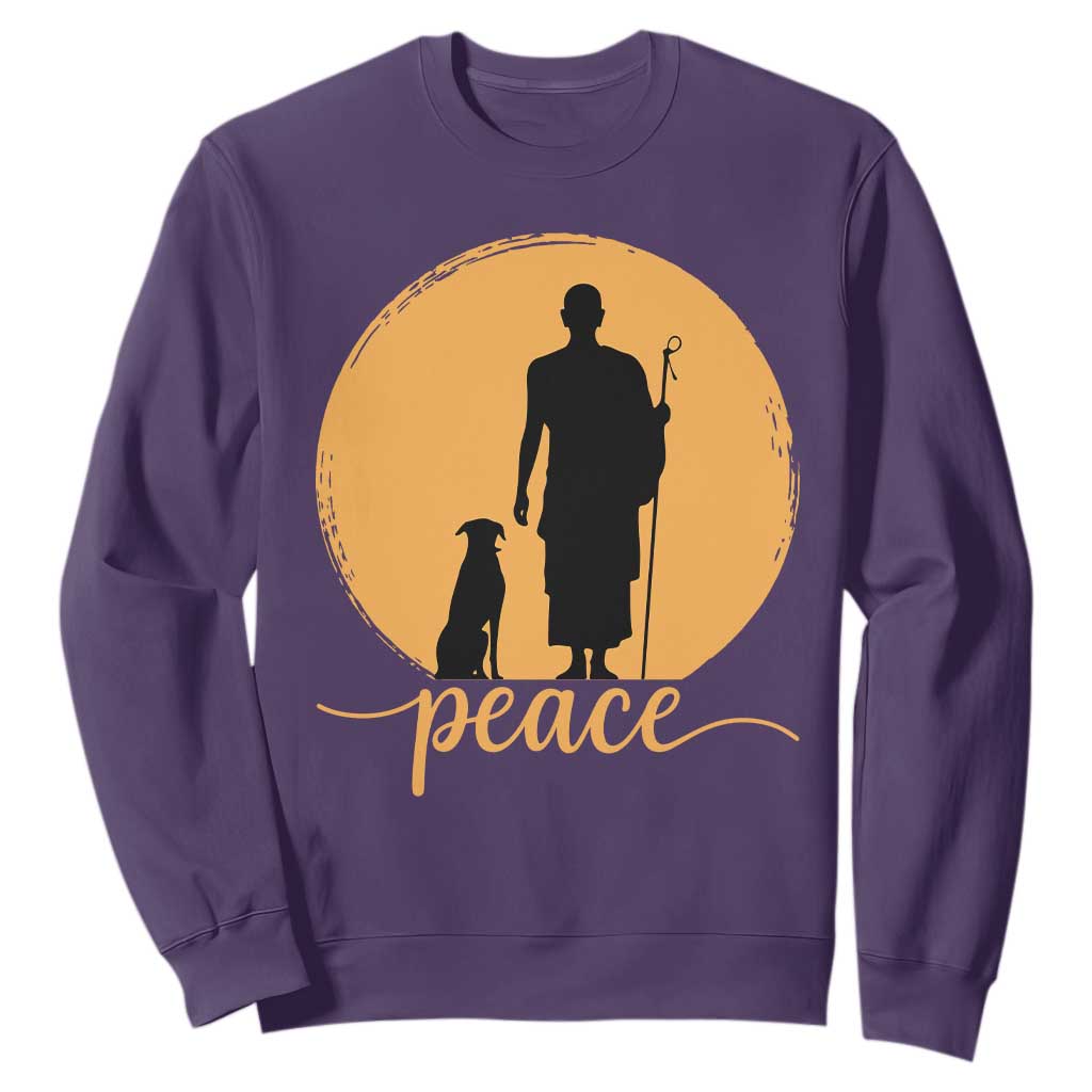 Monk and Dog Silhouette Peace Sweatshirt Spiritual Walk for Peace Sunset TS02 Purple Print Your Wear