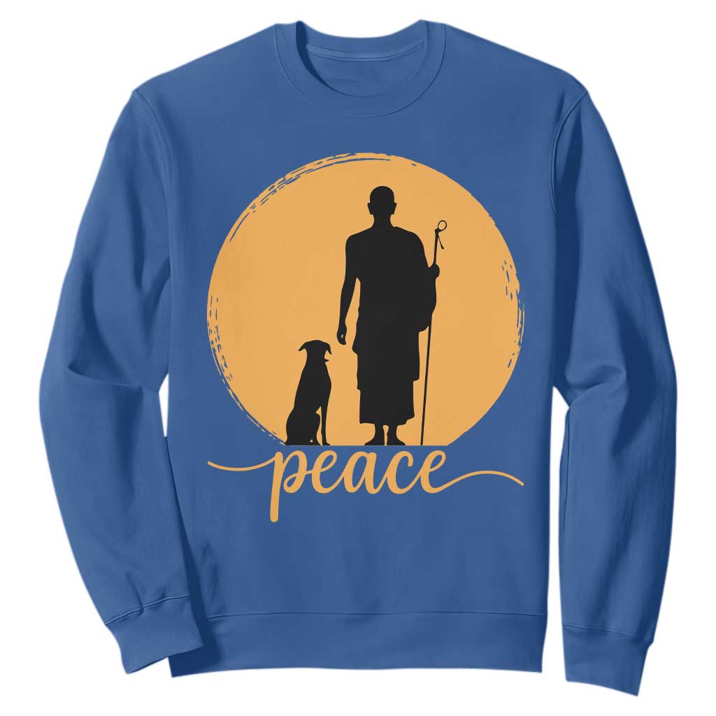 Monk and Dog Silhouette Peace Sweatshirt Spiritual Walk for Peace Sunset TS02 Royal Blue Print Your Wear