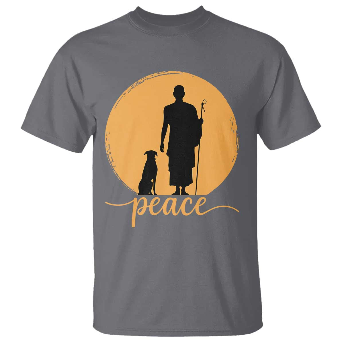Monk and Dog Silhouette Peace T Shirt Spiritual Walk for Peace Sunset TS02 Charcoal Print Your Wear
