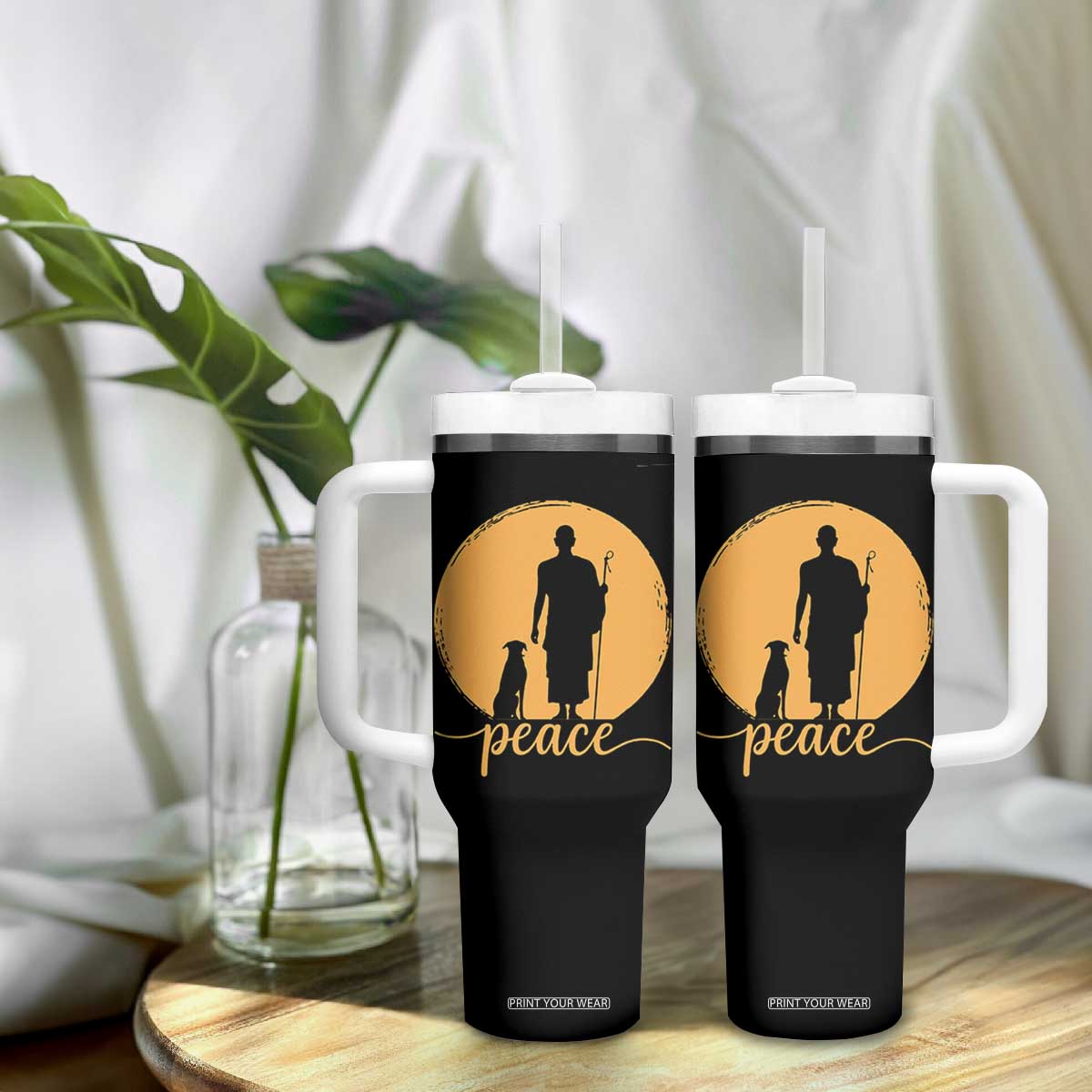 Monk and Dog Silhouette Peace Tumbler With Handle Spiritual Walk for Peace Sunset TS02 Print Your Wear