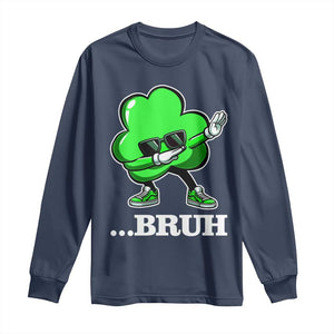 Funny Dabbing Shamrock Long Sleeve Shirt Bruh St. Patrick's Day TS02 Navy Print Your Wear