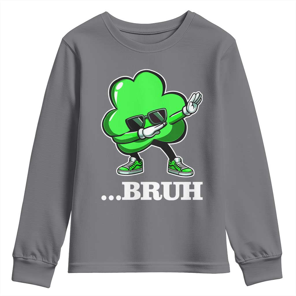 Funny Dabbing Shamrock Youth Sweatshirt Bruh St. Patrick's Day TS02 Charcoal Print Your Wear