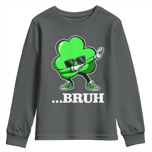 Funny Dabbing Shamrock Youth Sweatshirt Bruh St. Patrick's Day TS02 Dark Heather Print Your Wear
