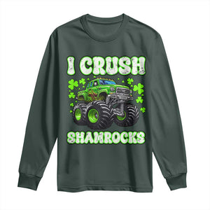 Funny St Patricks Day Monster Truck Long Sleeve Shirt I Crush Shamrocks Retro TS02 Dark Forest Green Print Your Wear