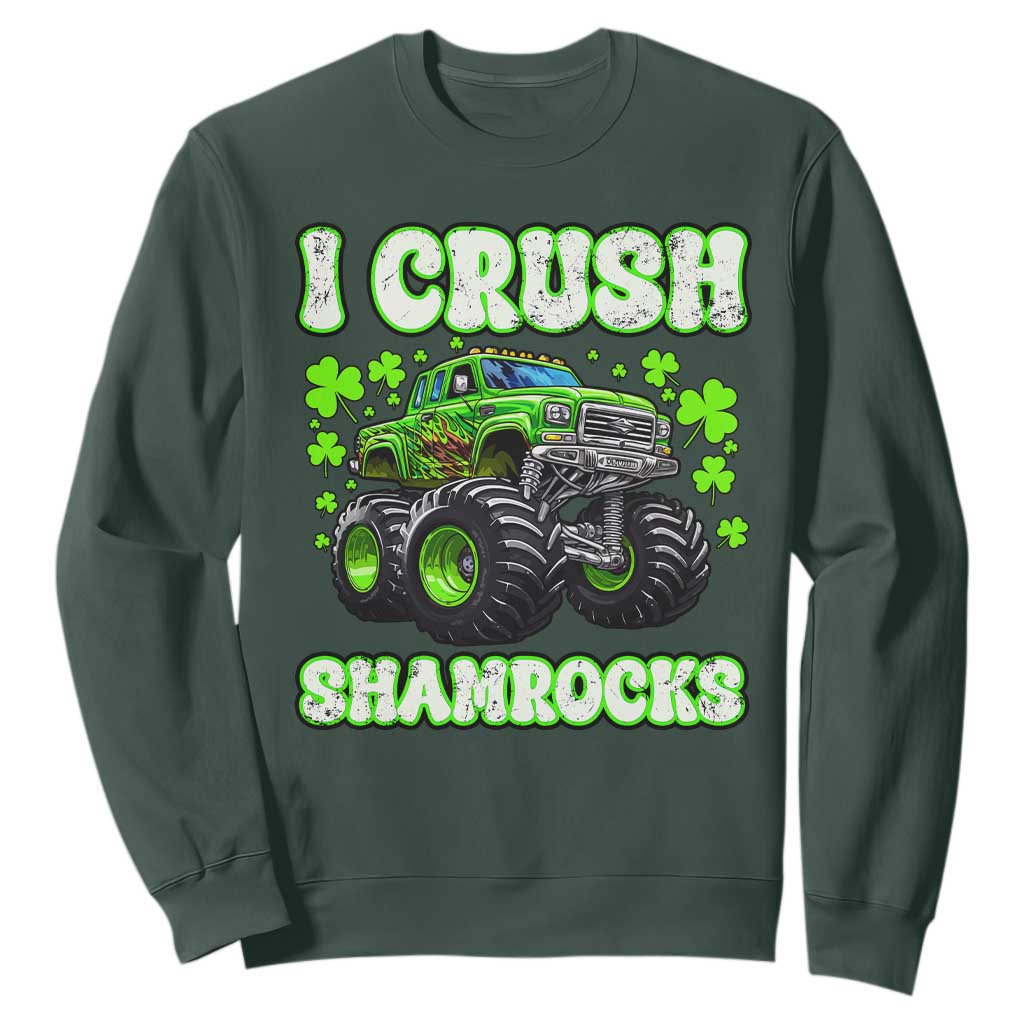 Funny St Patricks Day Monster Truck Sweatshirt I Crush Shamrocks Retro TS02 Dark Forest Green Print Your Wear