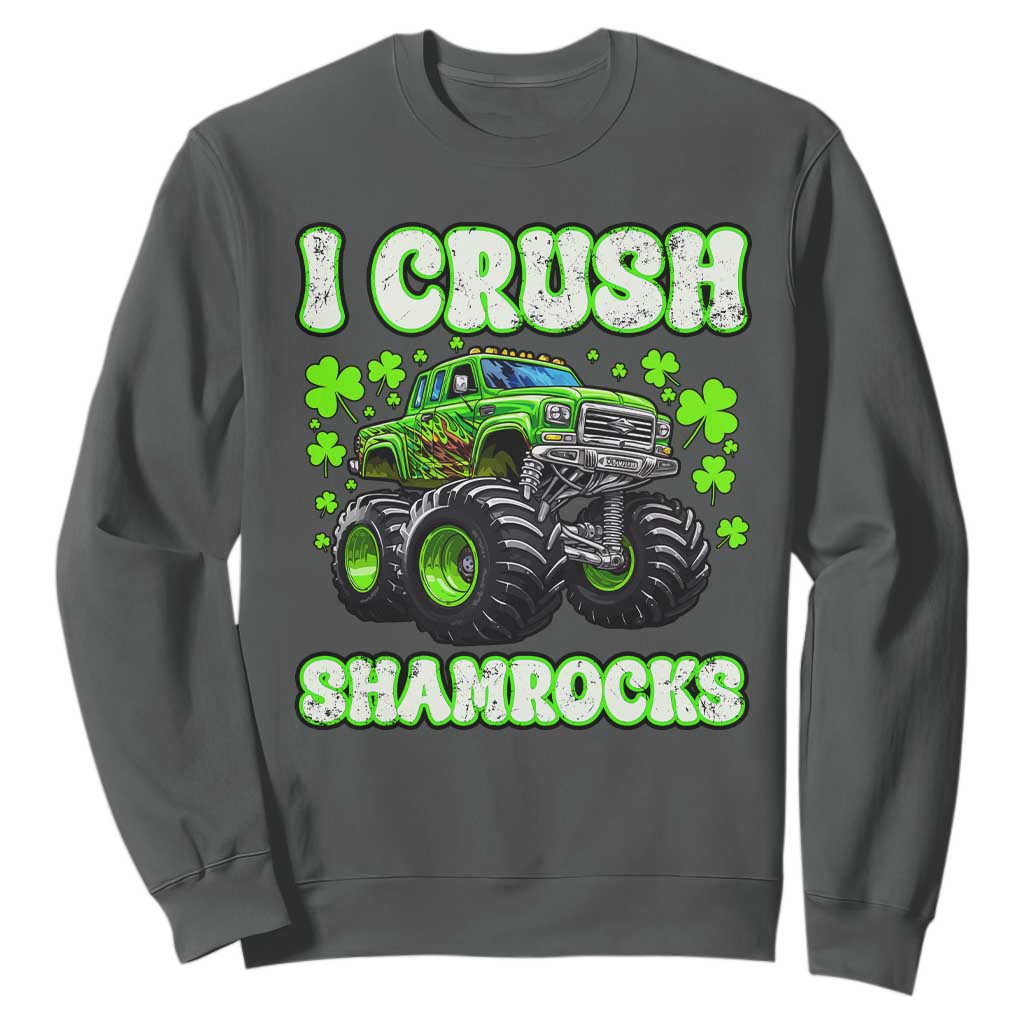 Funny St Patricks Day Monster Truck Sweatshirt I Crush Shamrocks Retro TS02 Dark Heather Print Your Wear