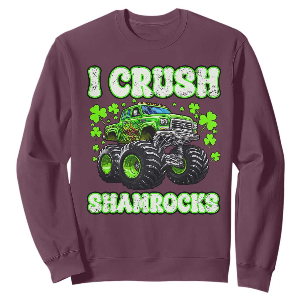 Funny St Patricks Day Monster Truck Sweatshirt I Crush Shamrocks Retro TS02 Maroon Print Your Wear